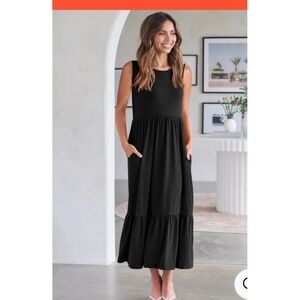 Anrabess Smocked Tiered Sleeveless Midi Dress Size L Dark Romantic Milkmaid Goth